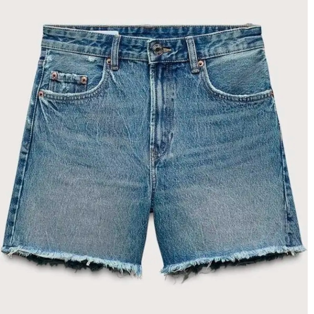 Zara Women's Mid Waist TRF Denim Boyfriend Shorts USA 4